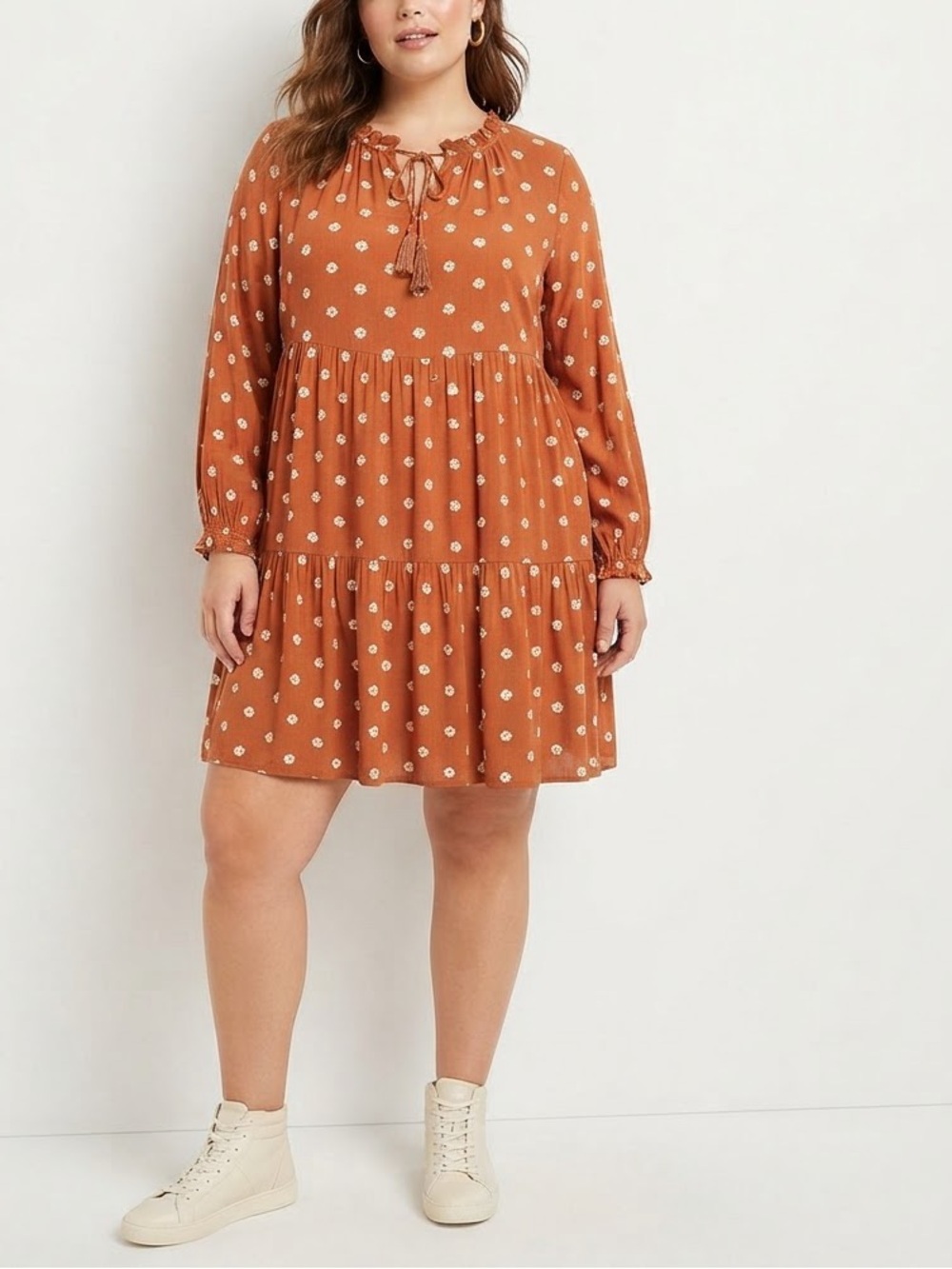 dip Rust Brown Floral Tie-Neck Tiered Dress